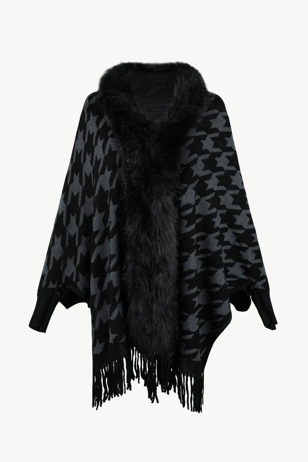 Houndstooth Fringe Hem Poncho | Casual Polyester Poncho With Long Cuffed Sleeves