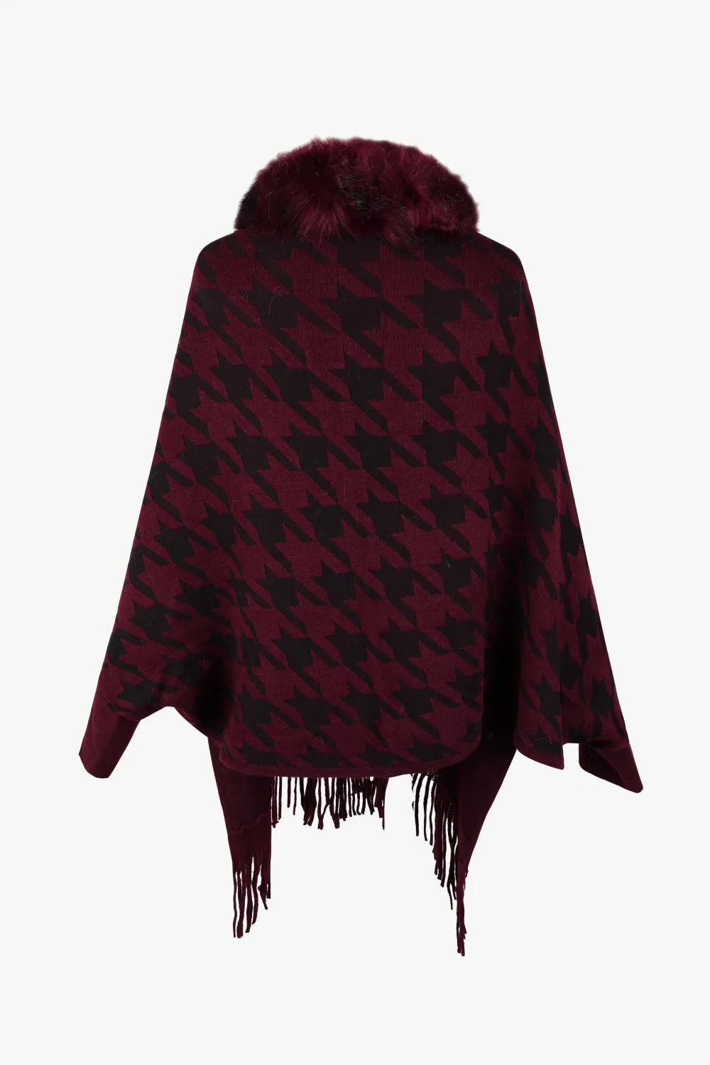 Houndstooth Fringe Hem Poncho | Casual Polyester Poncho With Long Cuffed Sleeves