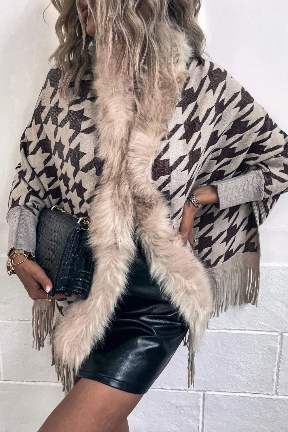 Houndstooth Fringe Hem Poncho | Casual Polyester Poncho With Long Cuffed Sleeves