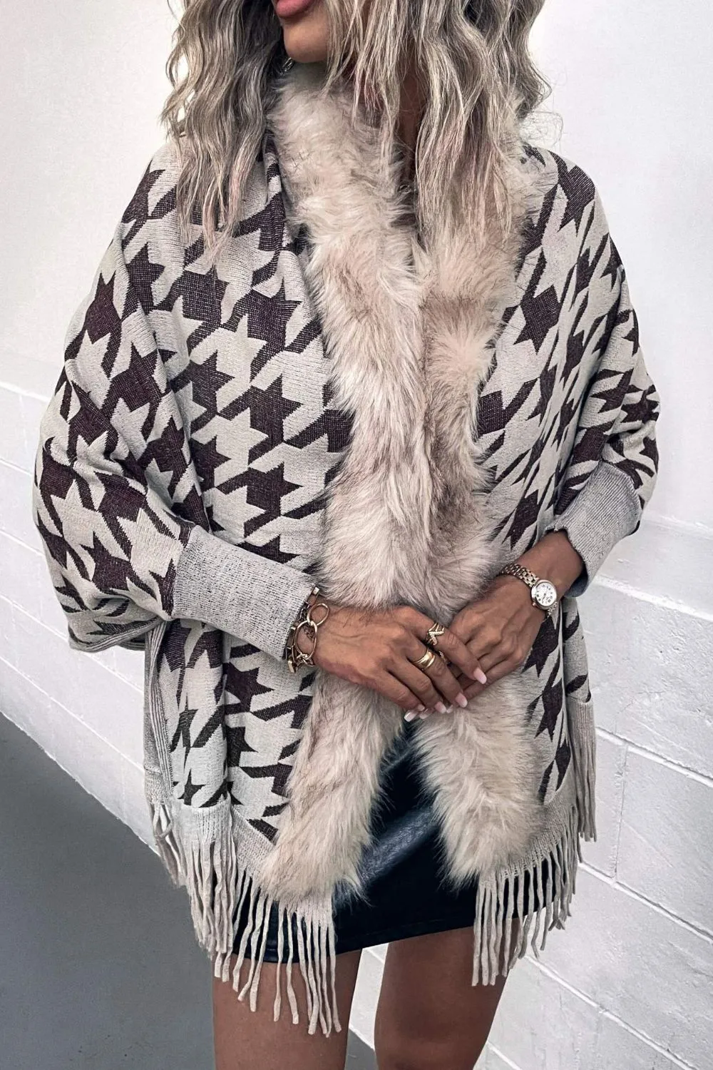 Houndstooth Fringe Hem Poncho | Casual Polyester Poncho With Long Cuffed Sleeves