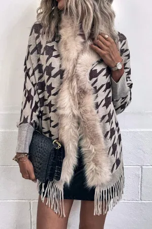 Houndstooth Fringe Hem Poncho | Casual Polyester Poncho With Long Cuffed Sleeves