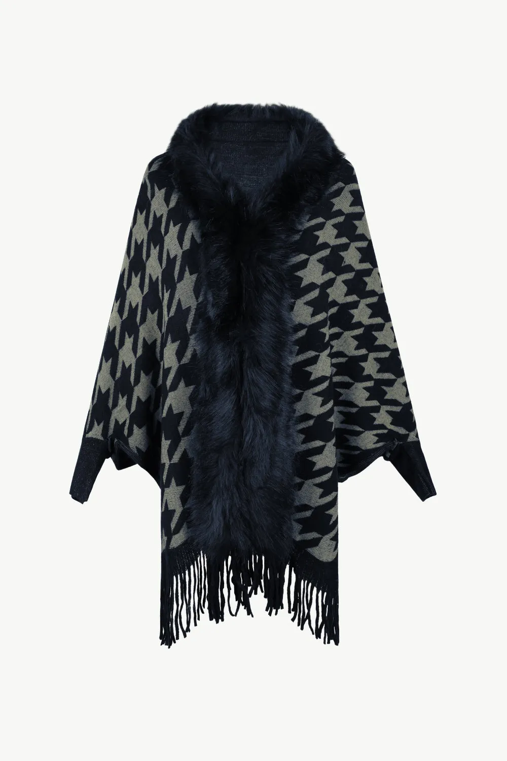 Houndstooth Fringe Hem Poncho | Casual Polyester Poncho With Long Cuffed Sleeves