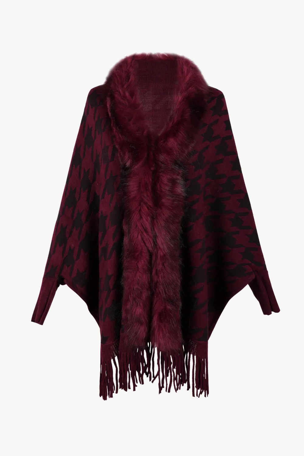 Houndstooth Fringe Hem Poncho | Casual Polyester Poncho With Long Cuffed Sleeves