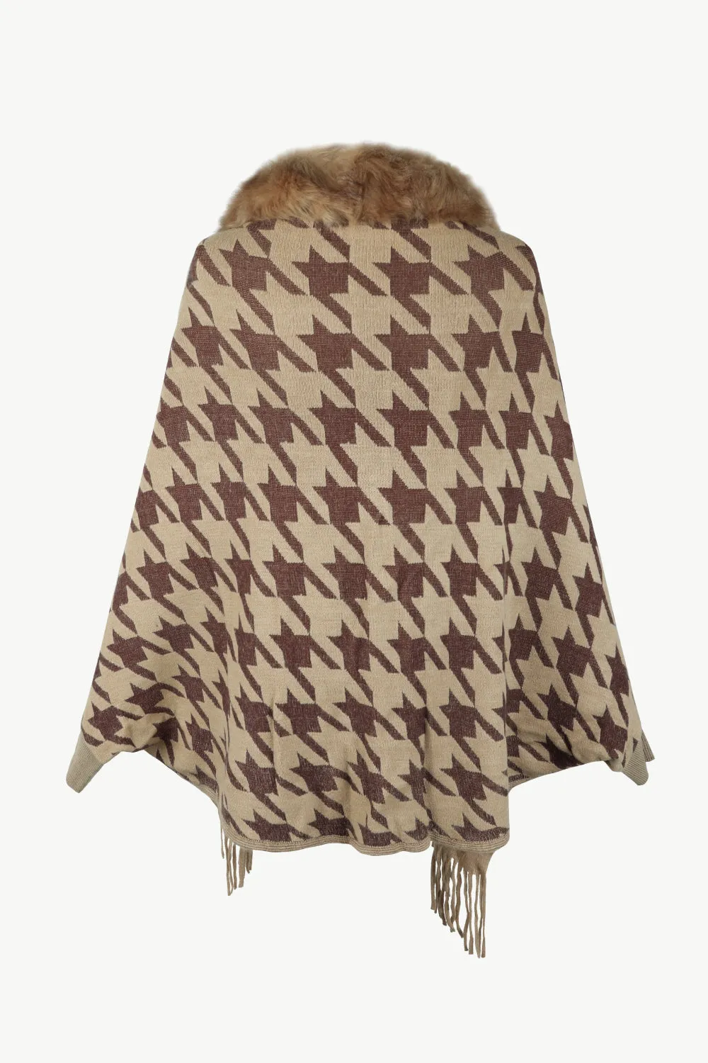 Houndstooth Fringe Hem Poncho | Casual Polyester Poncho With Long Cuffed Sleeves