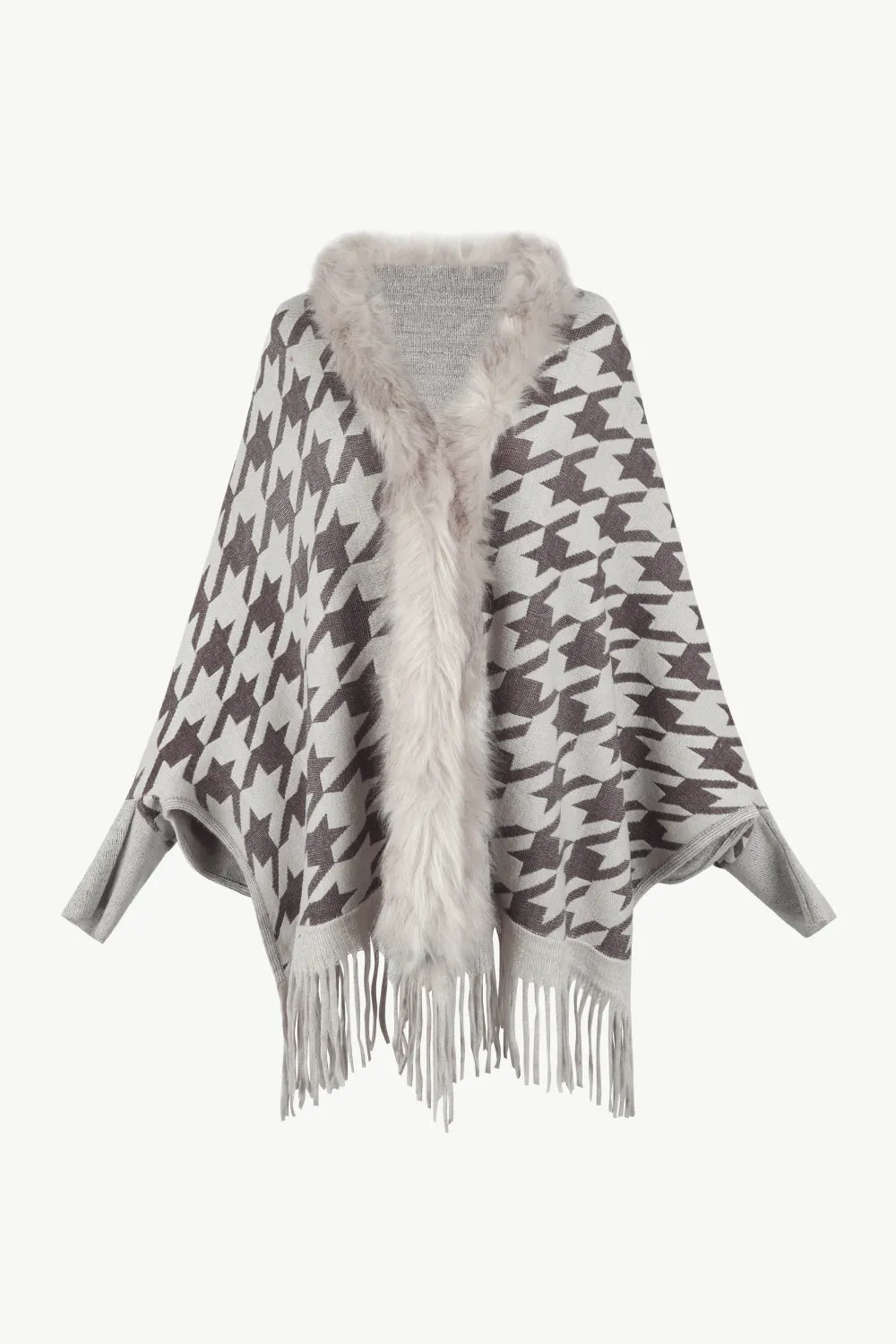 Houndstooth Fringe Hem Poncho | Casual Polyester Poncho With Long Cuffed Sleeves