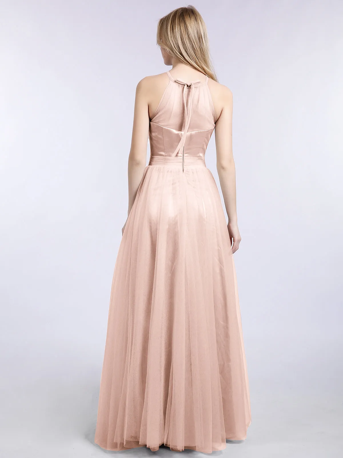 Illusion Neckline Long Tulle Dress-Pearl Pink
