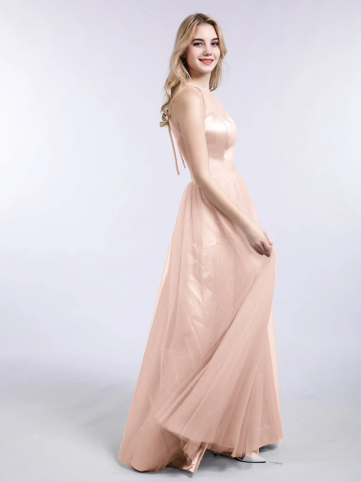 Illusion Neckline Long Tulle Dress-Pearl Pink