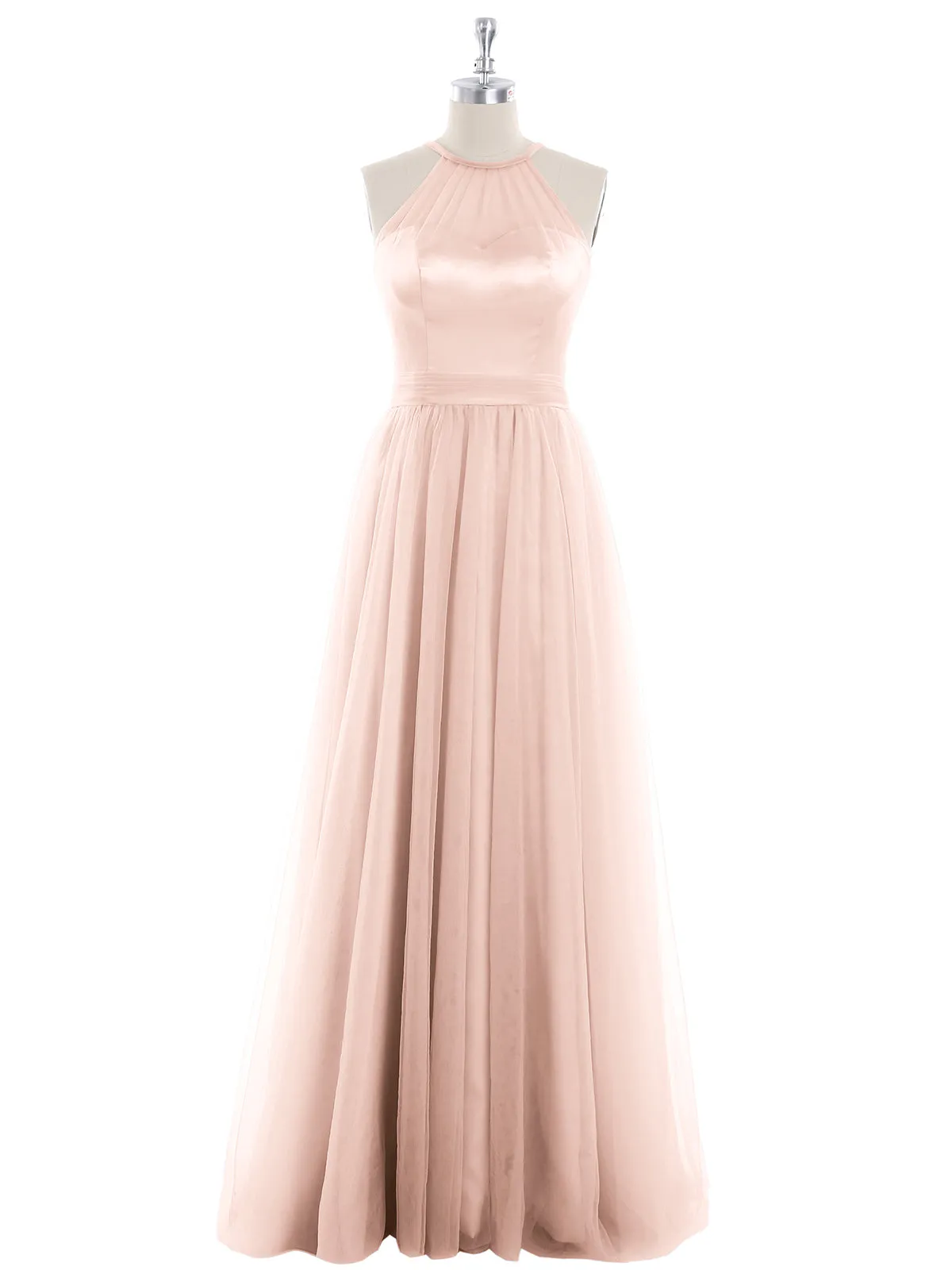 Illusion Neckline Long Tulle Dress-Pearl Pink