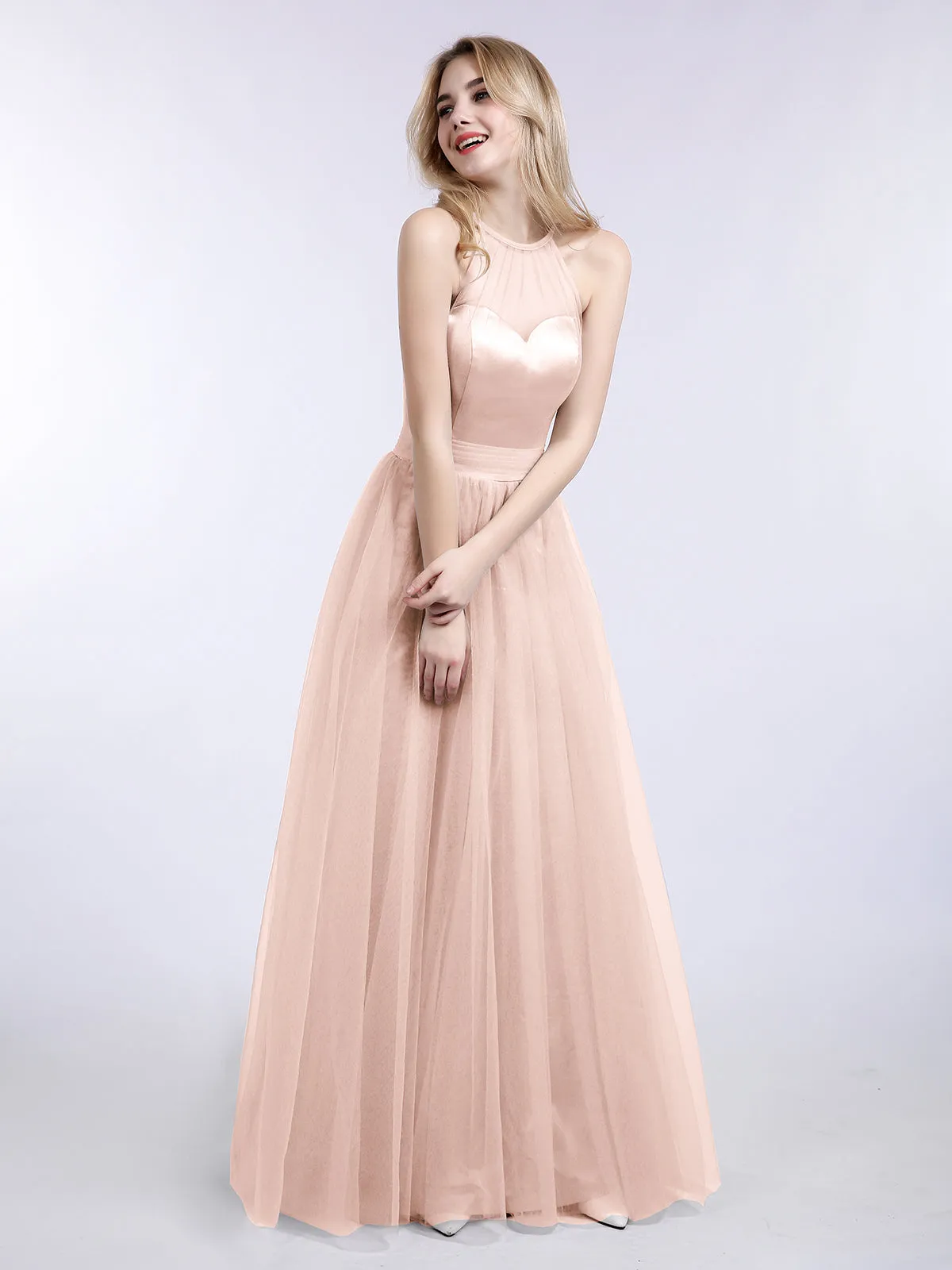 Illusion Neckline Long Tulle Dress-Pearl Pink