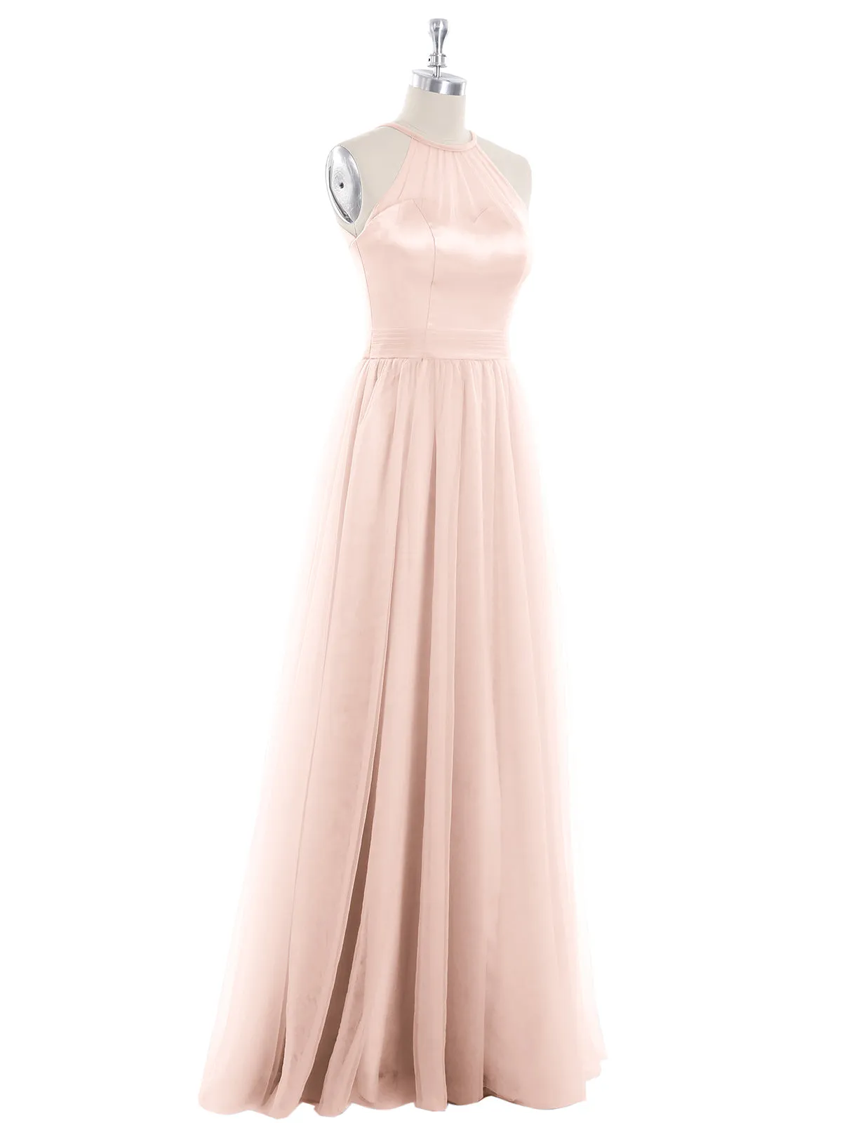 Illusion Neckline Long Tulle Dress-Pearl Pink