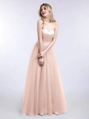 Illusion Neckline Long Tulle Dress-Pearl Pink