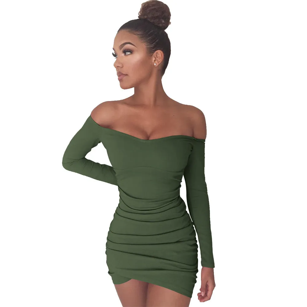 Irregular Hem Off Shoulder Long Sleeves Folding Short Dress