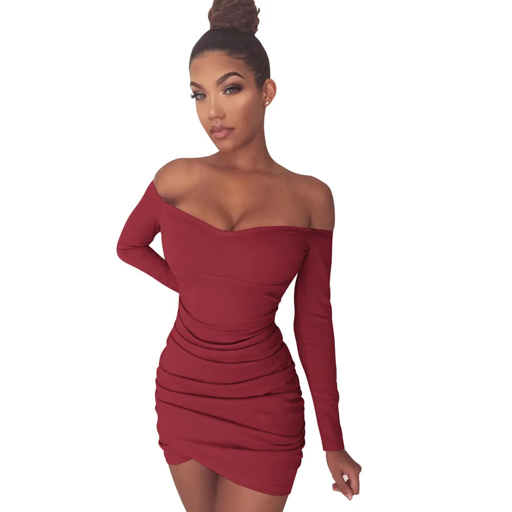 Irregular Hem Off Shoulder Long Sleeves Folding Short Dress