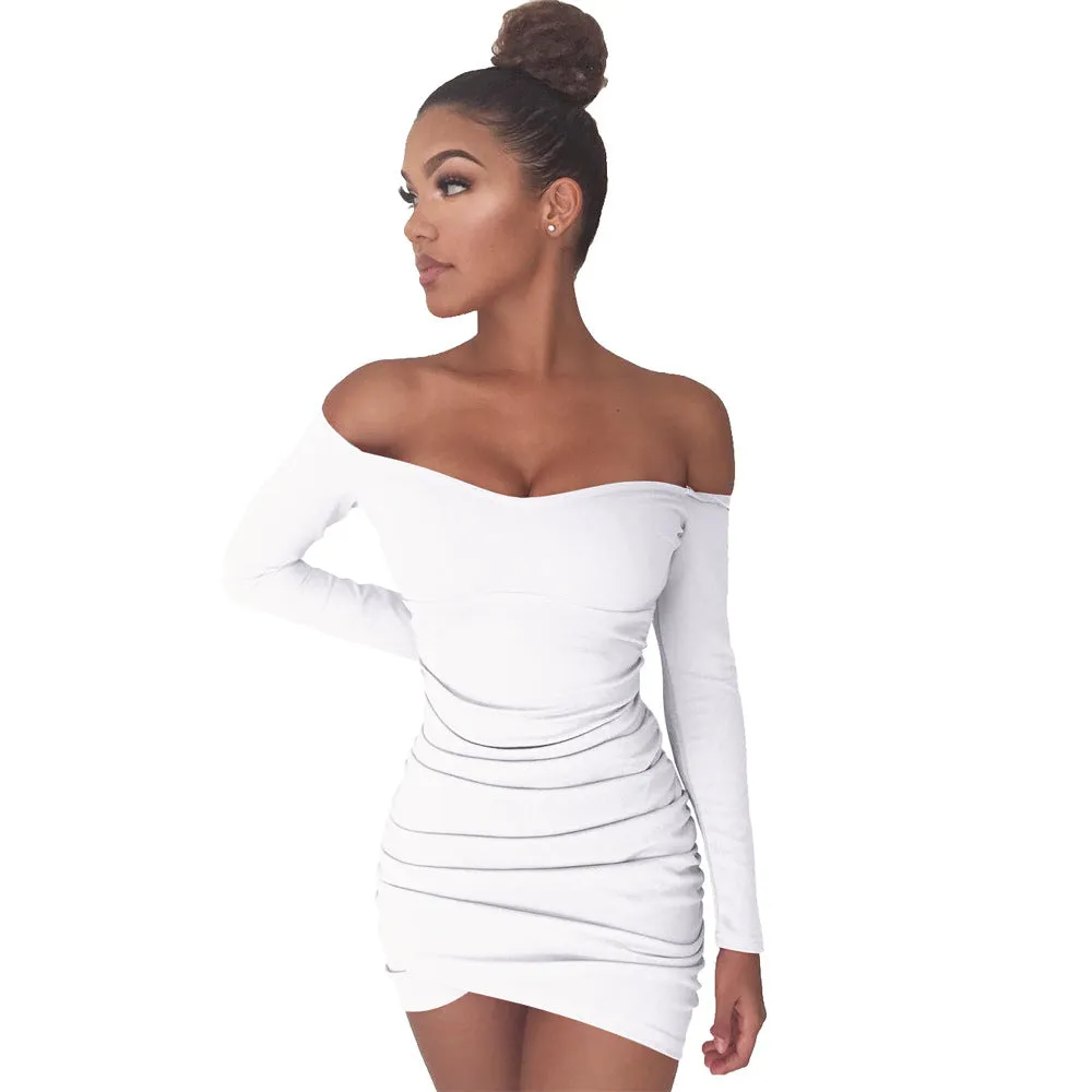 Irregular Hem Off Shoulder Long Sleeves Folding Short Dress