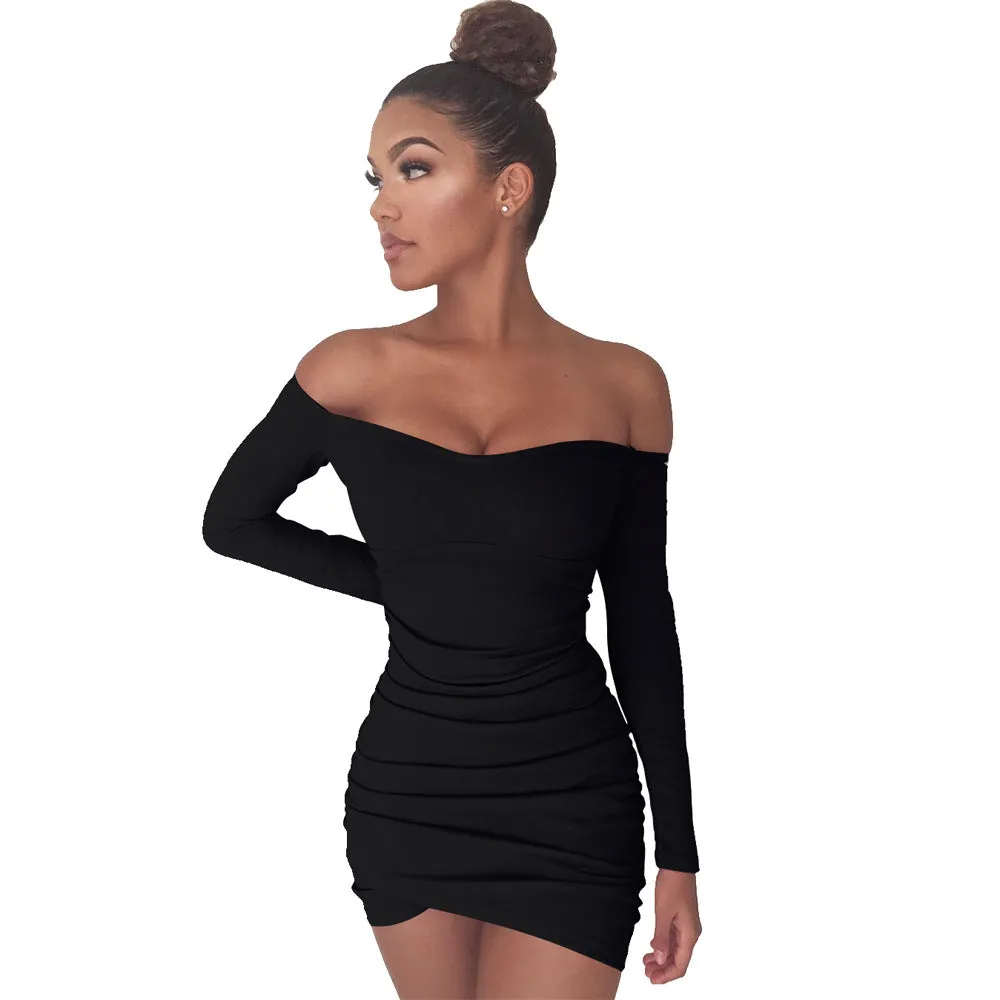 Irregular Hem Off Shoulder Long Sleeves Folding Short Dress