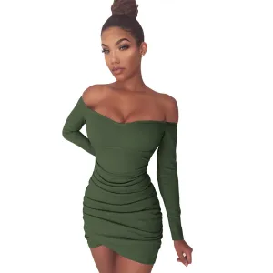 Irregular Hem Off Shoulder Long Sleeves Folding Short Dress