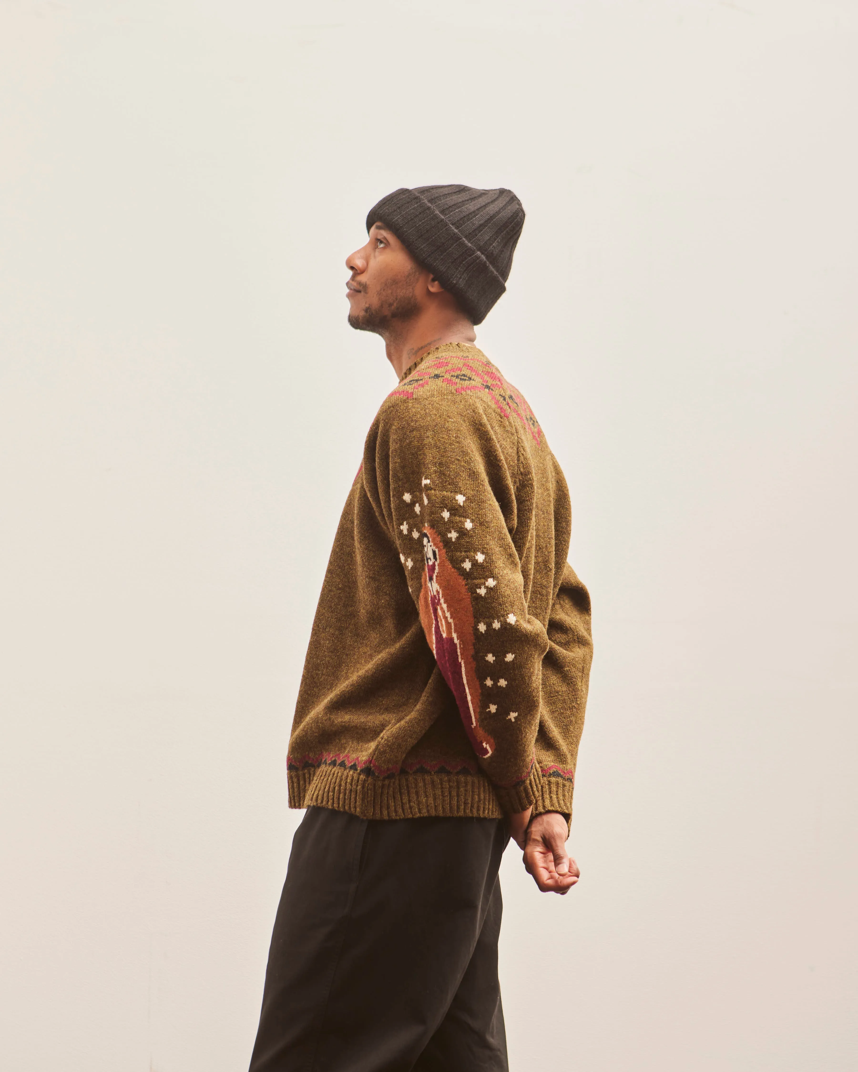Kapital 5G Wool Elbow VIRGIN MARY Nordic Sweater, Khaki