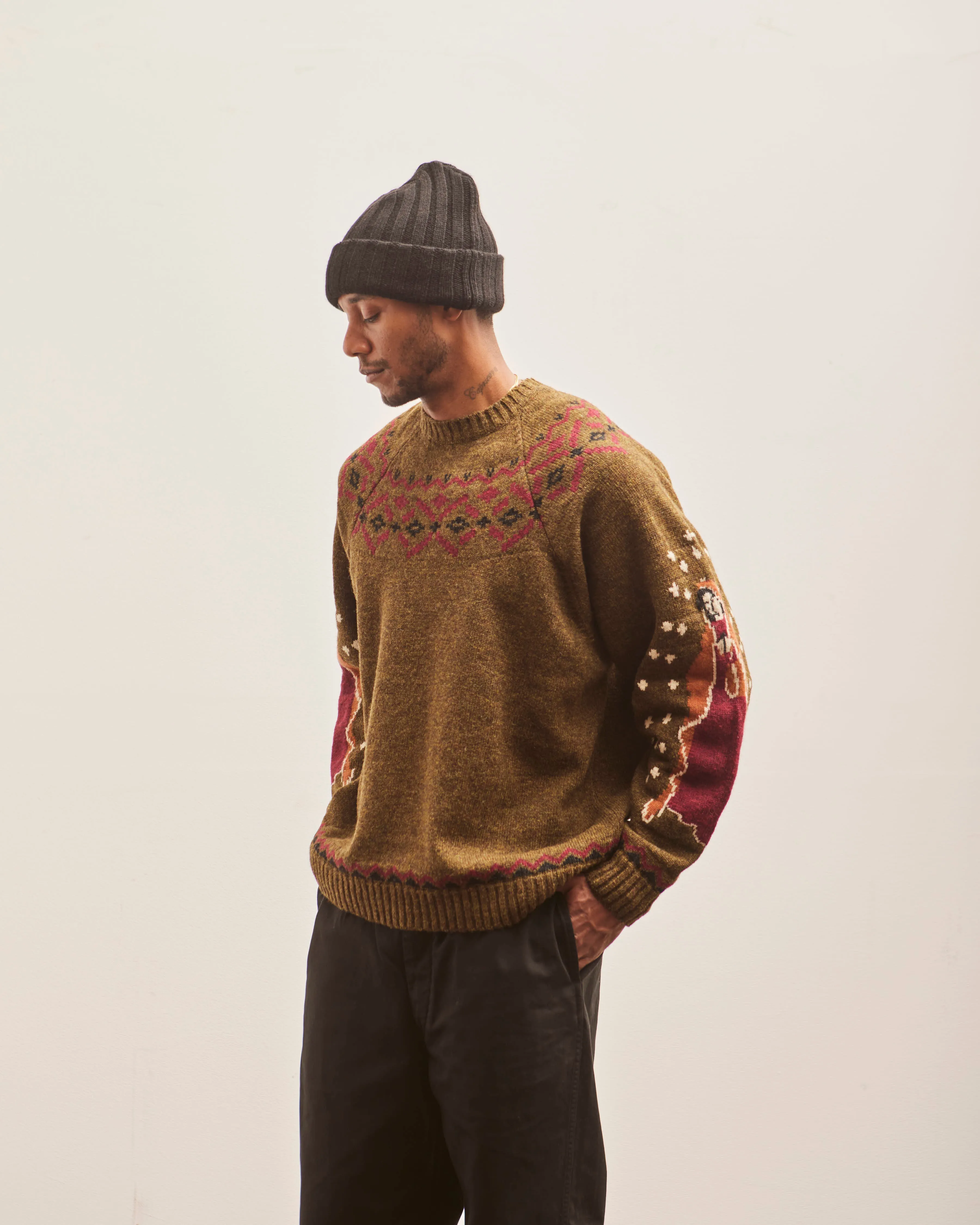 Kapital 5G Wool Elbow VIRGIN MARY Nordic Sweater, Khaki