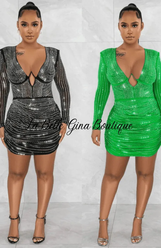 Landy Slim Bodycon Deep V- Neck Mini Dress- Black