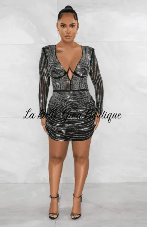 Landy Slim Bodycon Deep V- Neck Mini Dress- Black