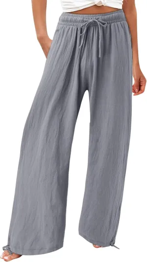 Linen Pants Women Summer Boho Drawstring High Waisted Palazzo Pants Baggy Flowy Wide Leg Lounge Pants with Pockets
