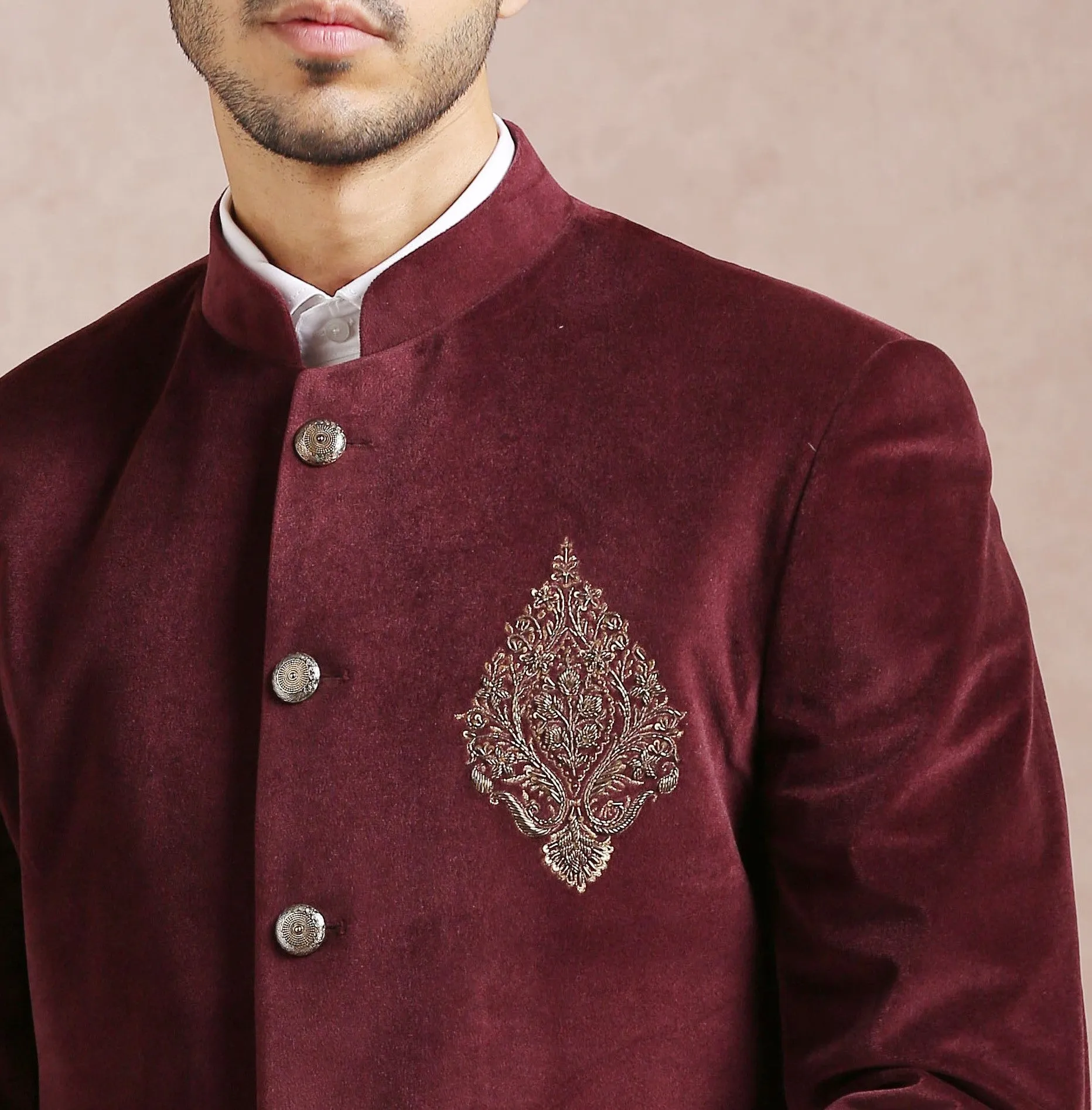 Maroon velvet bandhgala