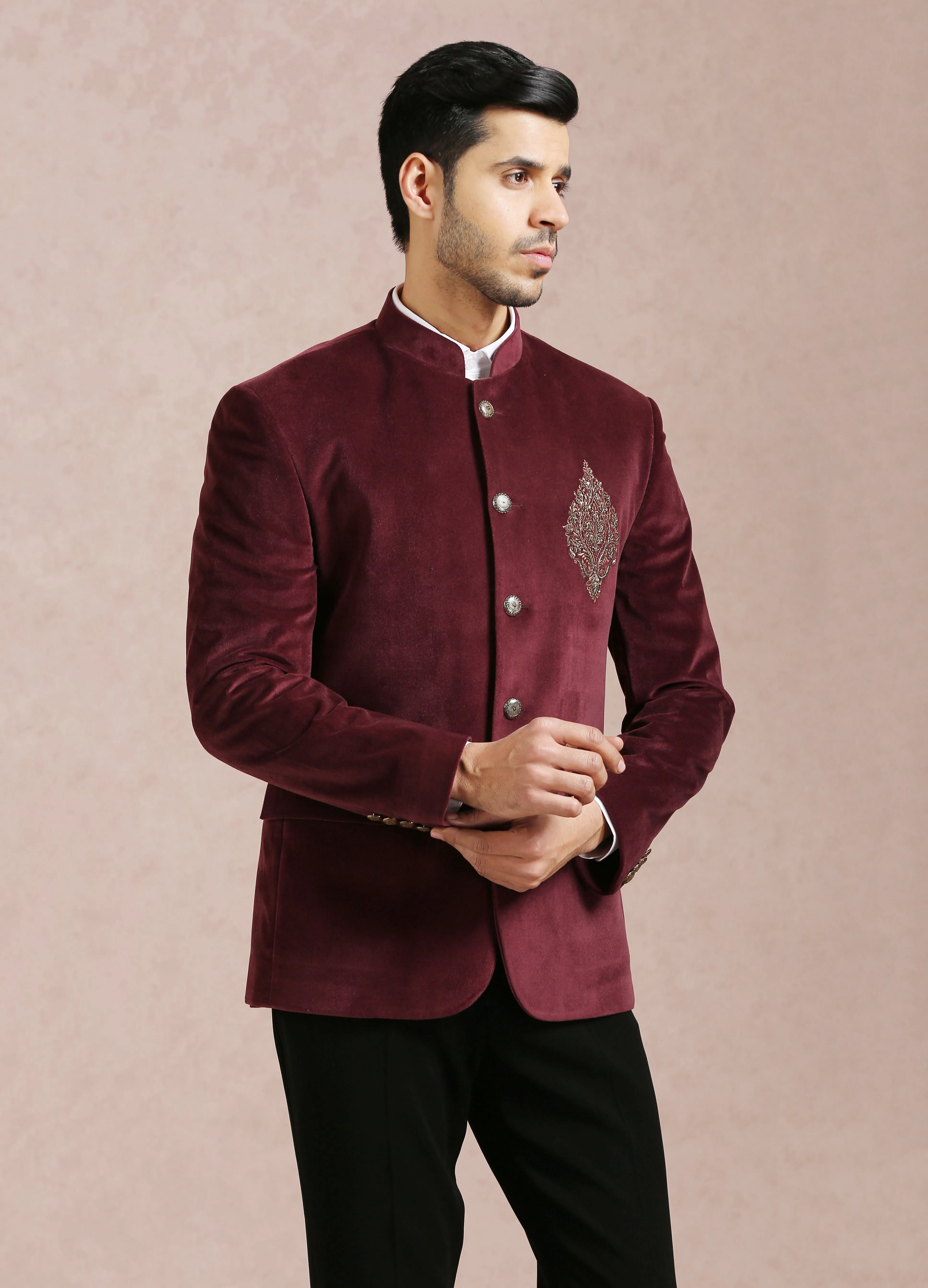 Maroon velvet bandhgala