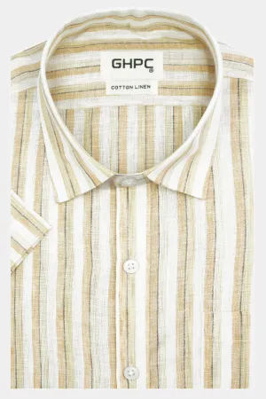Men's Cotton Linen Striped Half Sleeves Shirt (Orange)