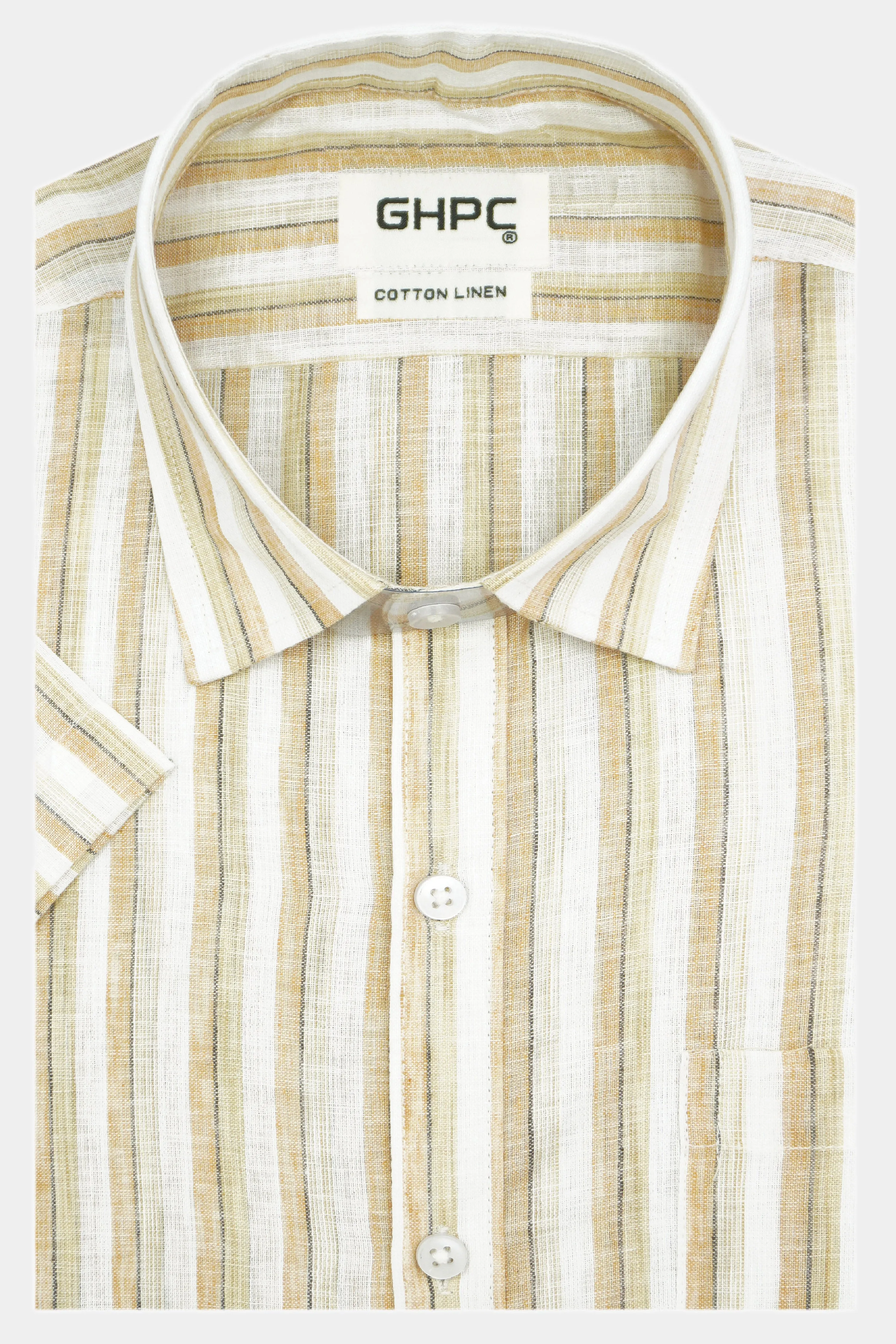 Men's Cotton Linen Striped Half Sleeves Shirt (Orange)