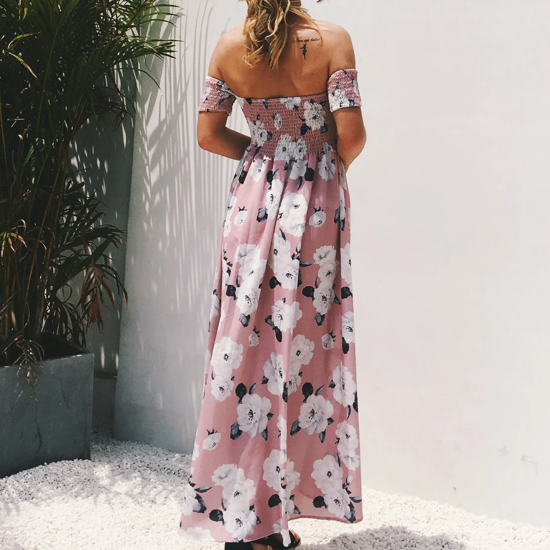 Off Shoulder Short Sleeves Print Split Ankle Length Dress