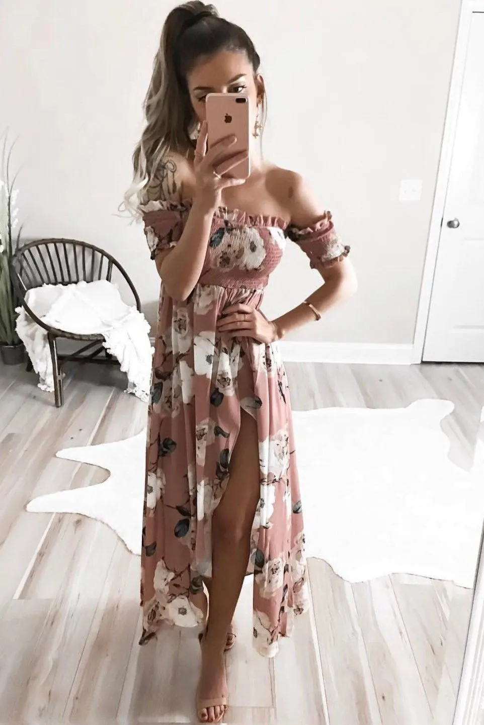 Off Shoulder Short Sleeves Print Split Ankle Length Dress