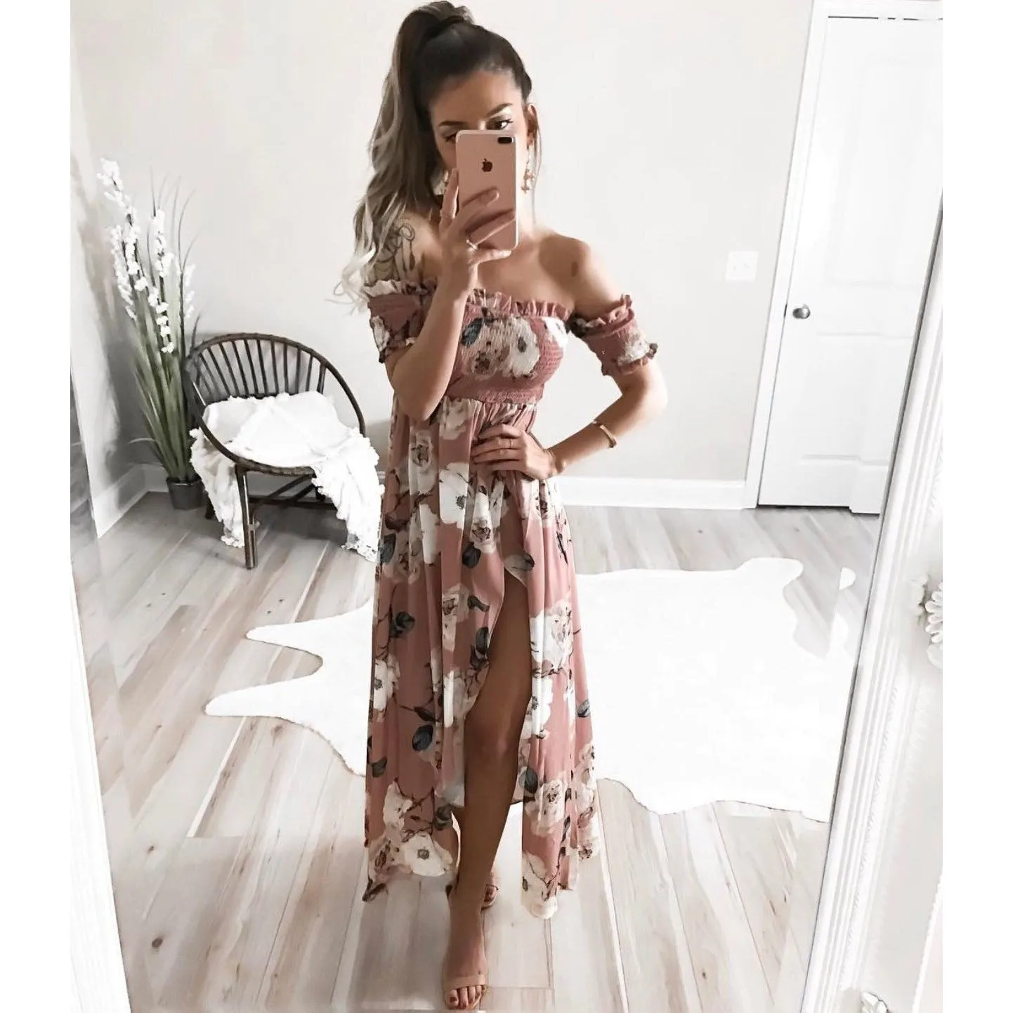 Off Shoulder Short Sleeves Print Split Ankle Length Dress
