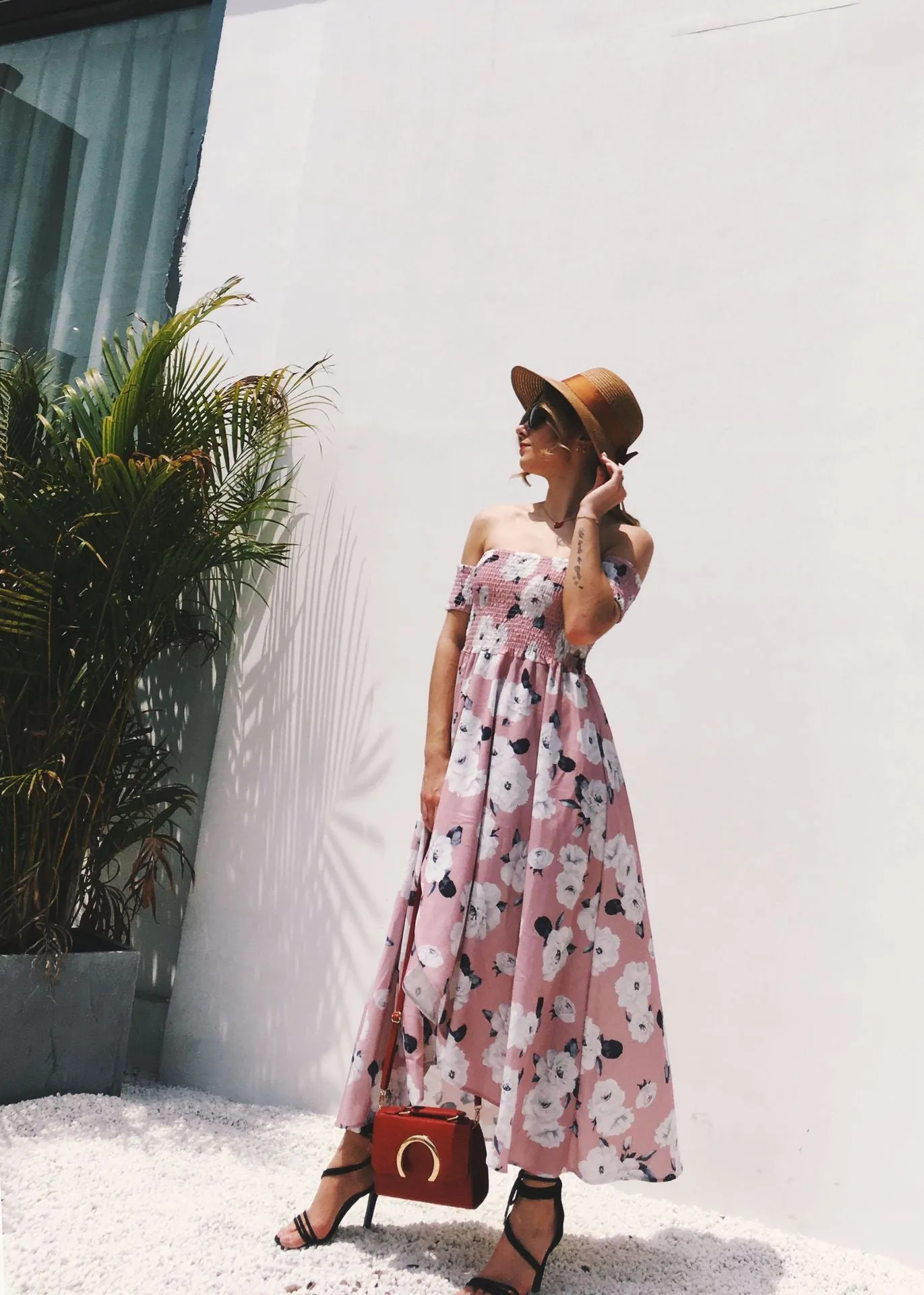 Off Shoulder Short Sleeves Print Split Ankle Length Dress