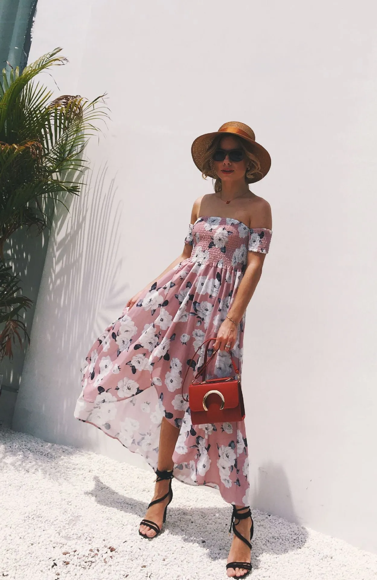 Off Shoulder Short Sleeves Print Split Ankle Length Dress