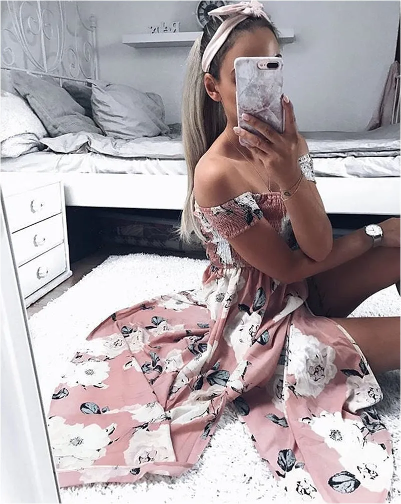 Off Shoulder Short Sleeves Print Split Ankle Length Dress