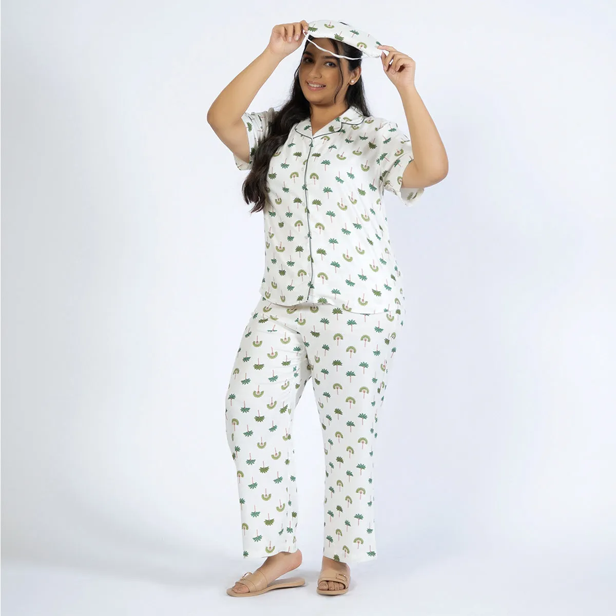 Off-White Palm Print Plus Size Rayon PJ Set
