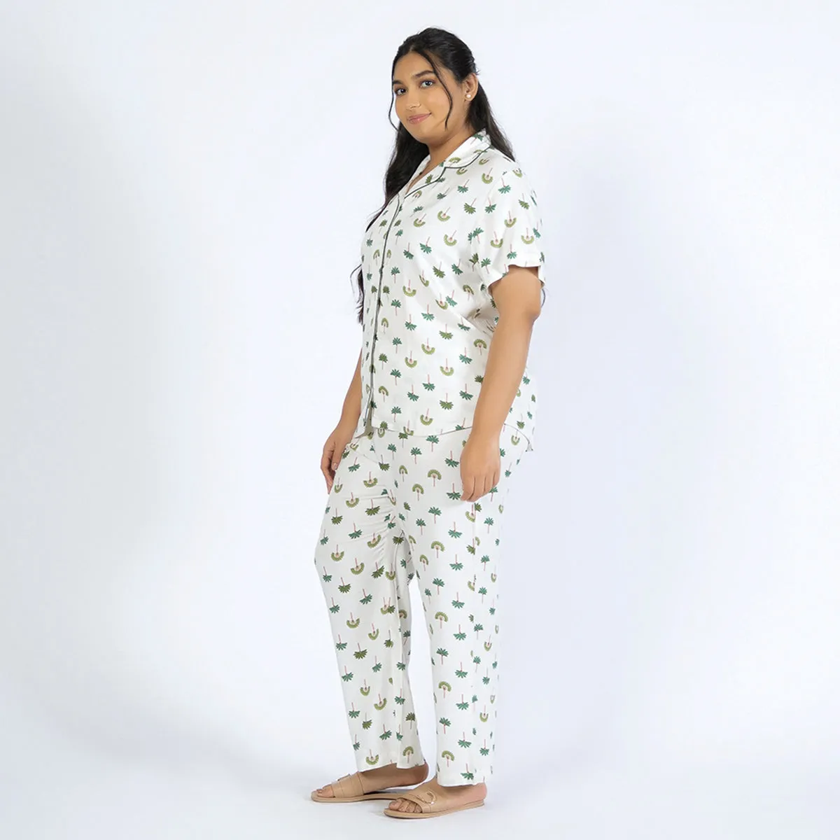 Off-White Palm Print Plus Size Rayon PJ Set