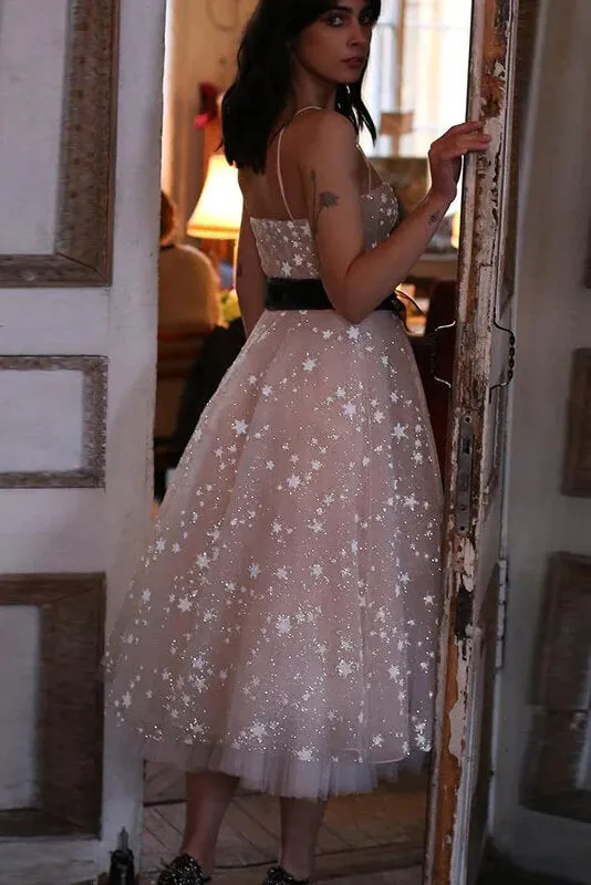 Pearl Pink Tulle A-line Spaghetti Straps Tea Length Beaded Homecoming Dress, SH446