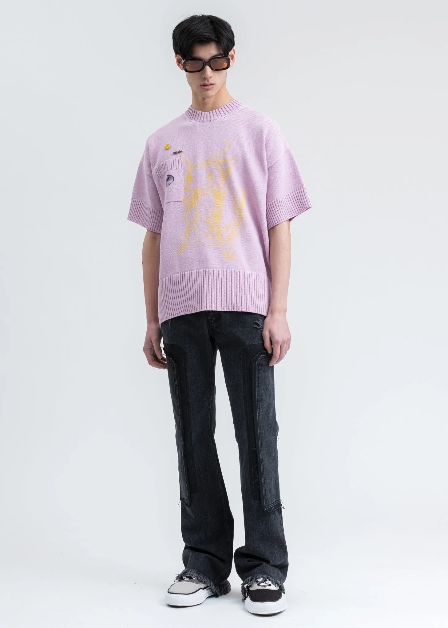 Pink Printed Short Sleeve Pocket Sweater