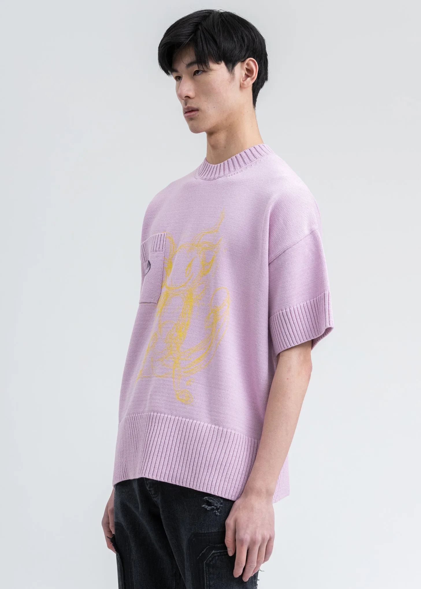 Pink Printed Short Sleeve Pocket Sweater