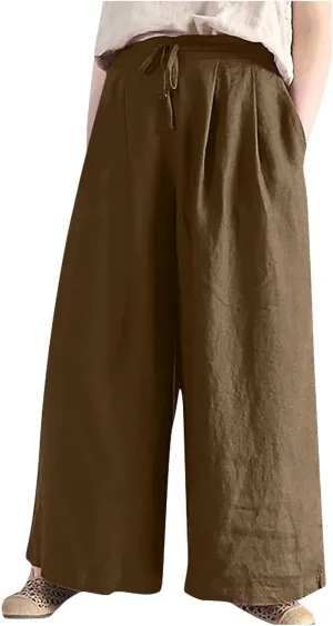 Plus Size Linen Pants for Women Wide Leg High Waist Cotton Linen Trousers, Breathable Wrinkle-Free Beach Vacation Wear
