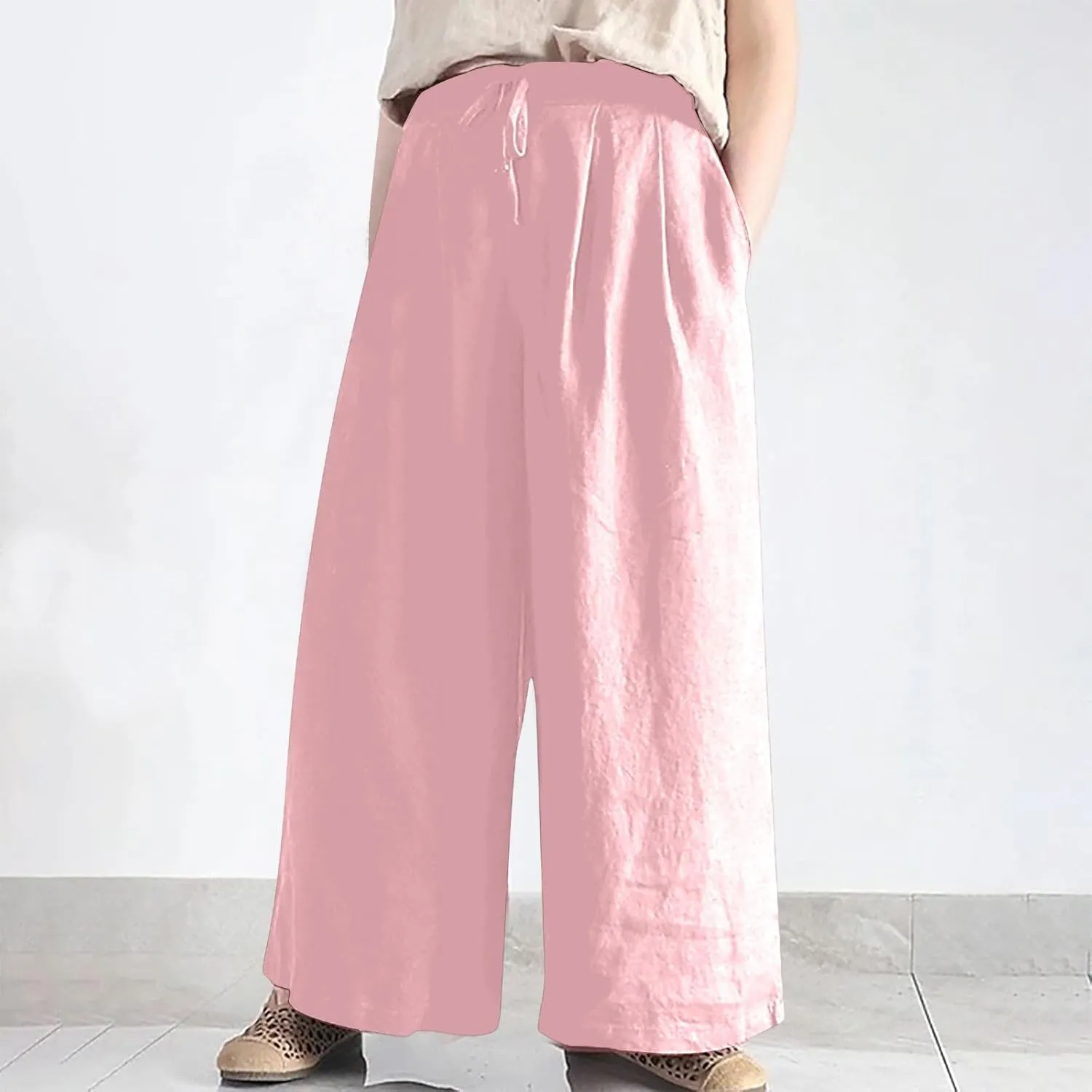 Plus Size Linen Pants for Women Wide Leg High Waist Cotton Linen Trousers, Breathable Wrinkle-Free Beach Vacation Wear