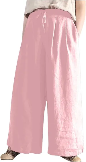 Plus Size Linen Pants for Women Wide Leg High Waist Cotton Linen Trousers, Breathable Wrinkle-Free Beach Vacation Wear