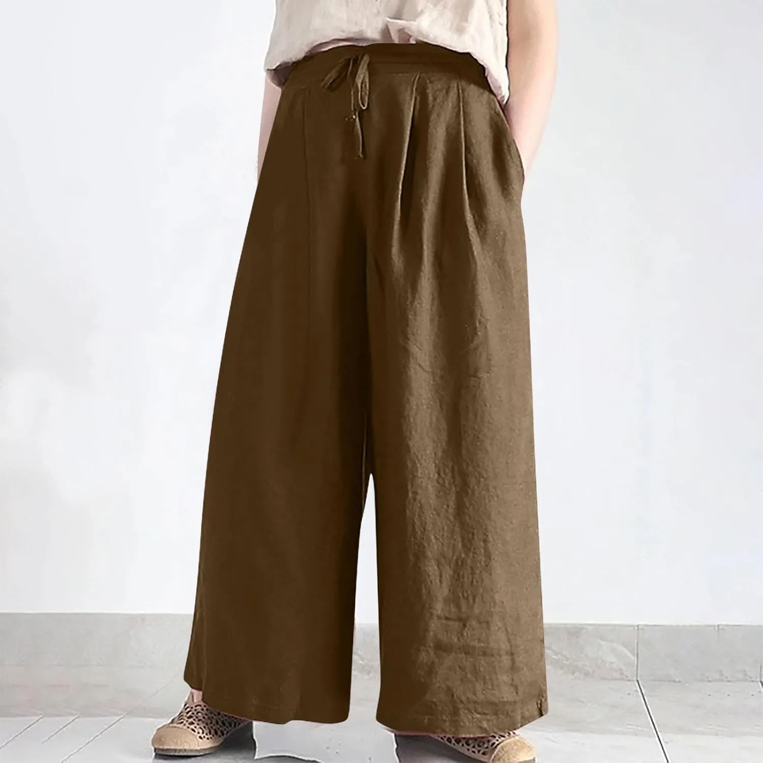Plus Size Linen Pants for Women Wide Leg High Waist Cotton Linen Trousers, Breathable Wrinkle-Free Beach Vacation Wear
