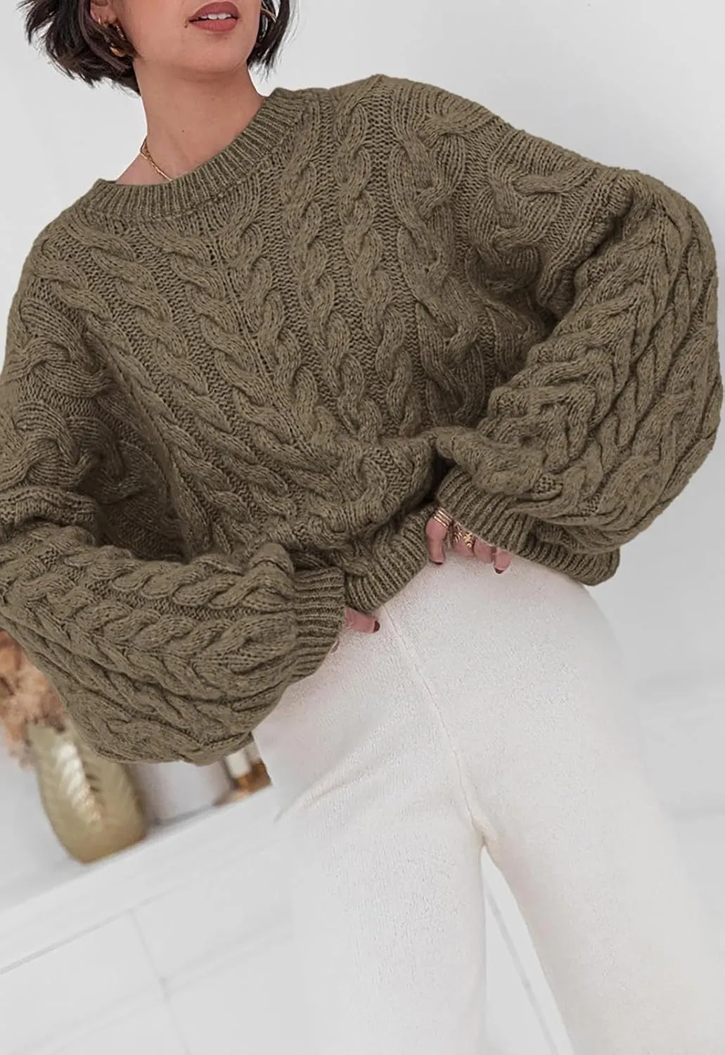 PRETTYGARDEN Womens Sweaters Spring 2025 Cable Knit Long Sleeve Crewneck Oversized Sweater Chunky Pullover Loose Outfits