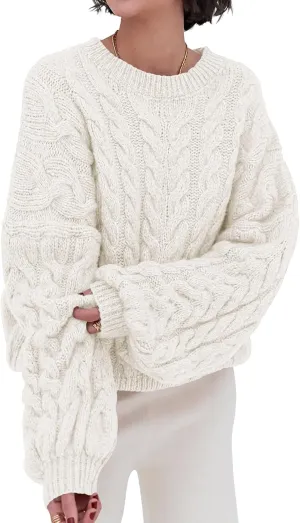 PRETTYGARDEN Womens Sweaters Spring 2025 Cable Knit Long Sleeve Crewneck Oversized Sweater Chunky Pullover Loose Outfits