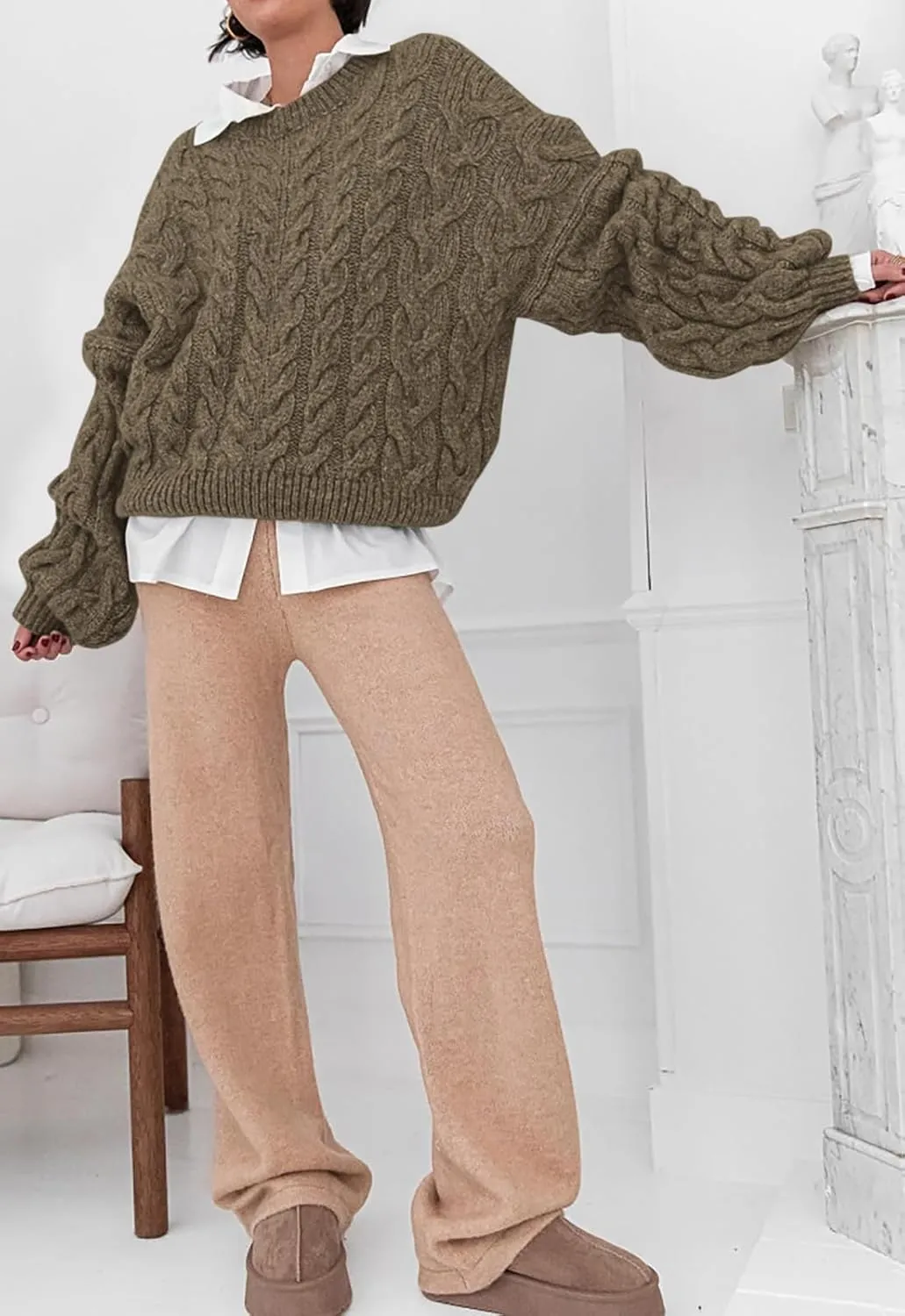 PRETTYGARDEN Womens Sweaters Spring 2025 Cable Knit Long Sleeve Crewneck Oversized Sweater Chunky Pullover Loose Outfits