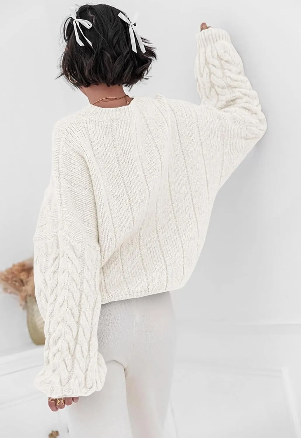 PRETTYGARDEN Womens Sweaters Spring 2025 Cable Knit Long Sleeve Crewneck Oversized Sweater Chunky Pullover Loose Outfits