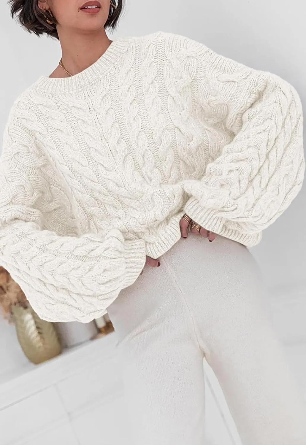 PRETTYGARDEN Womens Sweaters Spring 2025 Cable Knit Long Sleeve Crewneck Oversized Sweater Chunky Pullover Loose Outfits