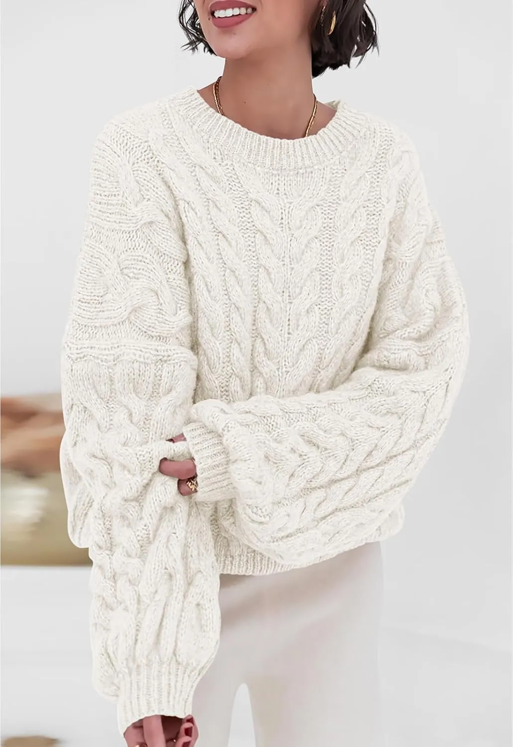 PRETTYGARDEN Womens Sweaters Spring 2025 Cable Knit Long Sleeve Crewneck Oversized Sweater Chunky Pullover Loose Outfits